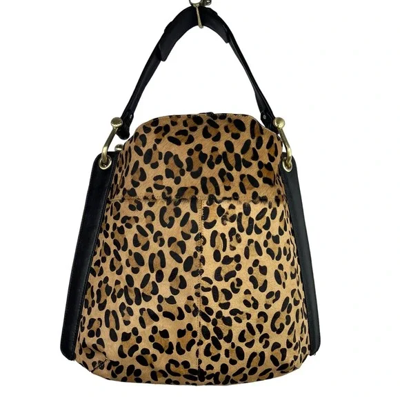 BCBGMAXAZRIA Black Leather Leopard Print Calf Hair Shoulder Bag Purse Animal - Picture 5 of 5